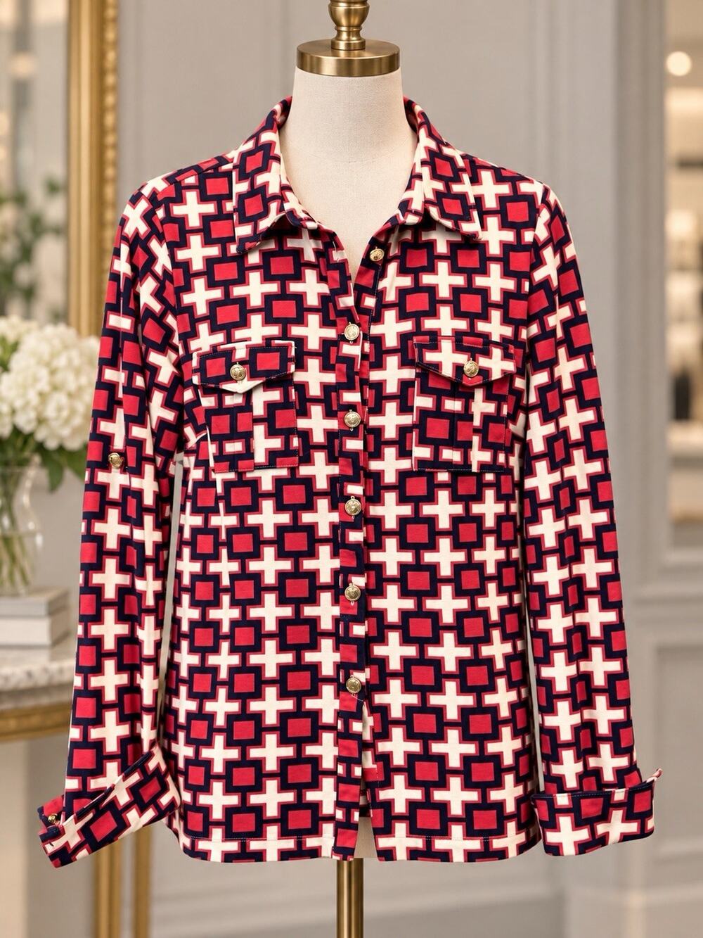 Elizabeth McKay Italian Ponte Pink Navy Geometric Button Down Shirt Blouse S
